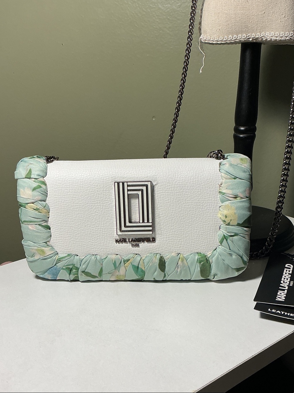 Karl Lagerfeld Paris NWT Kosette White Leather Crossbody with Mint Floral Trim